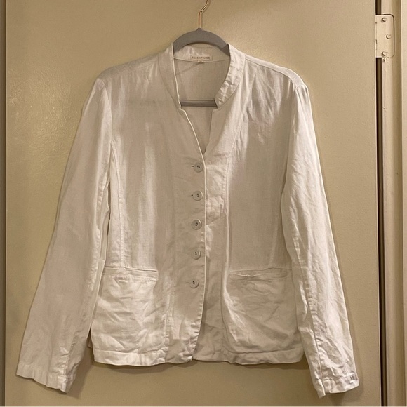 EILEEN FISHER Shaped Short Linen Jacket in White - Picture 1 of 6